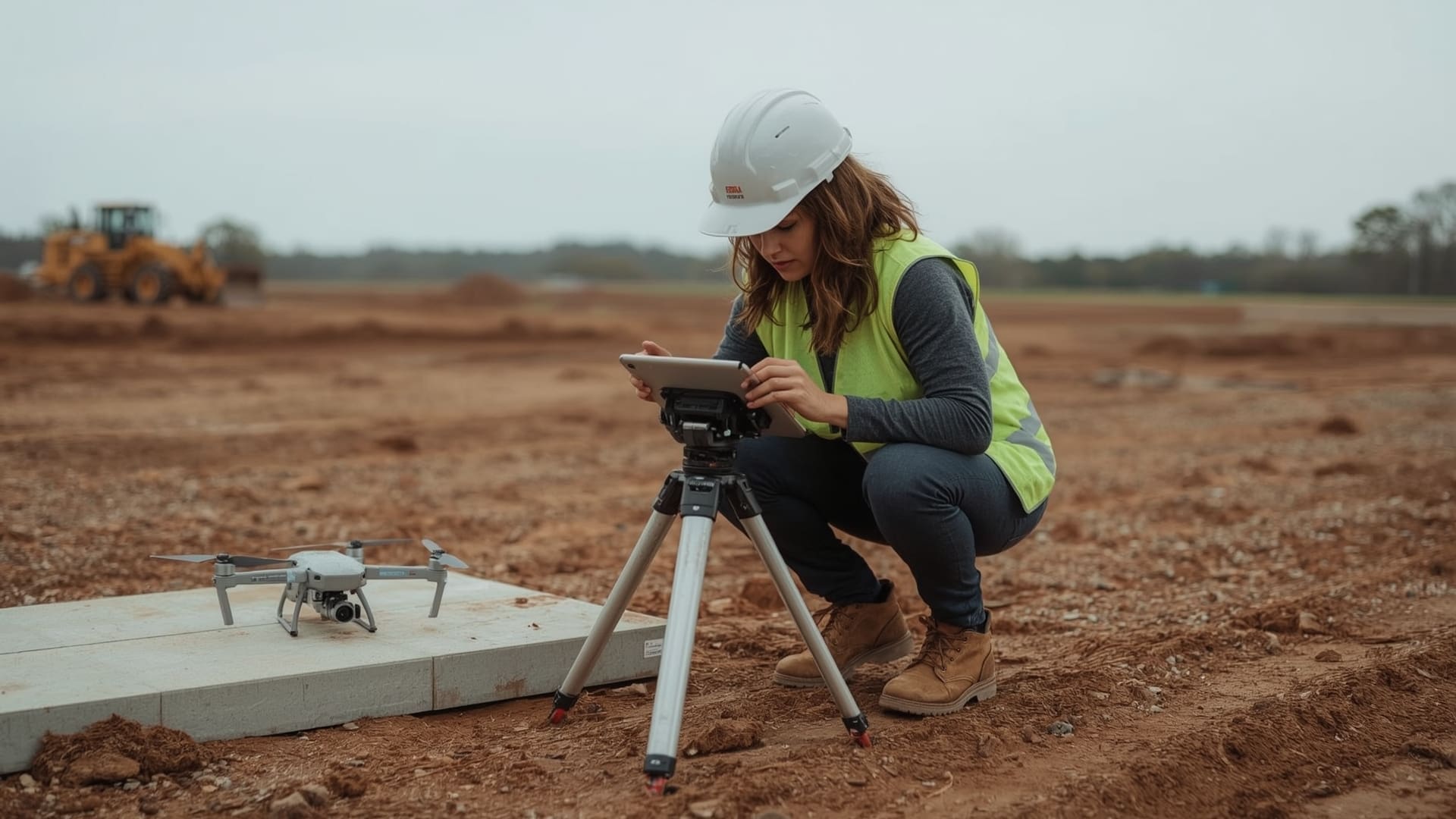 Female surveyor reviewing drone mapping data on ruggedized tablet at Raleigh construction site