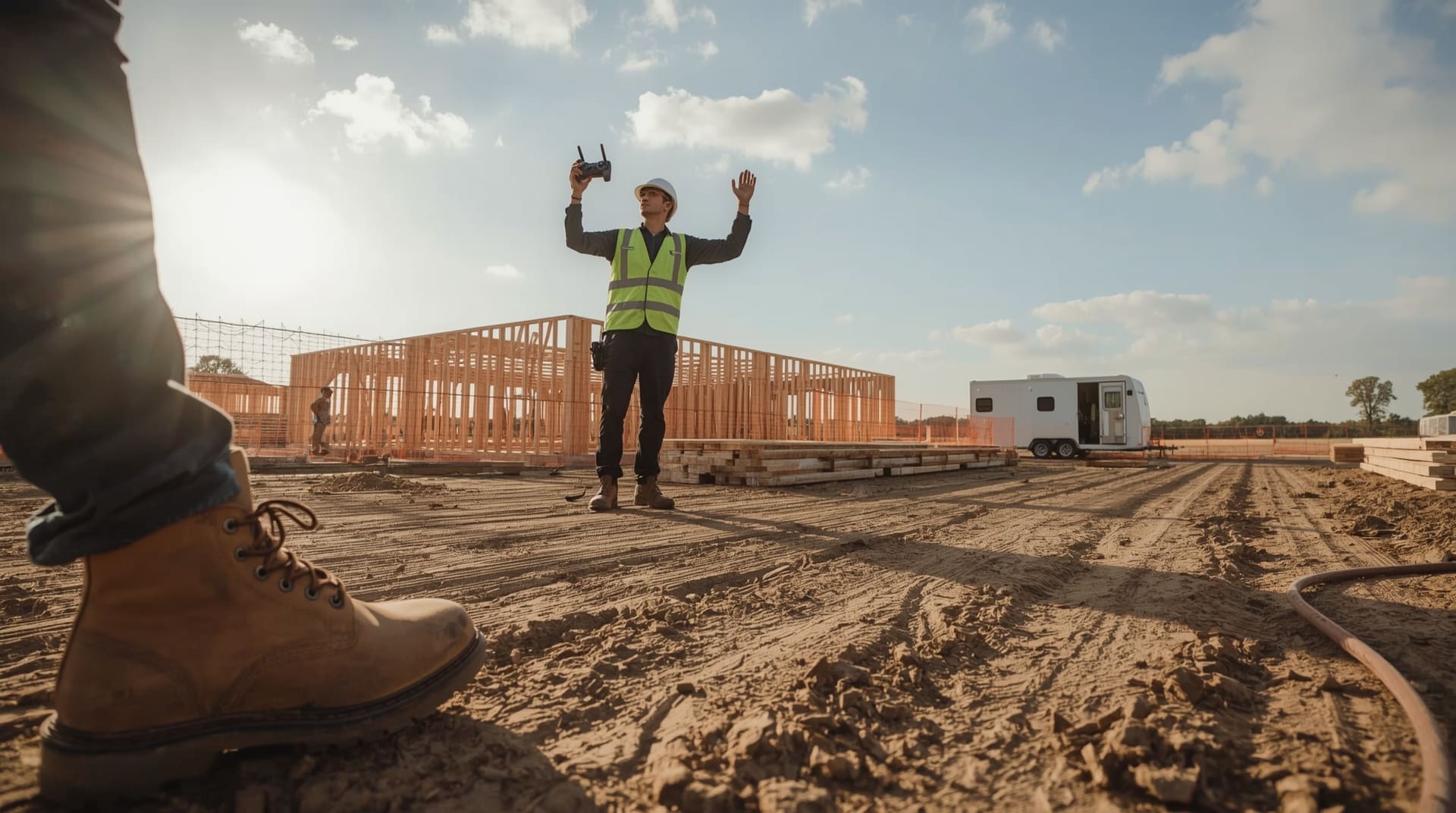 Drone operator scheduling a flight over an active residential new construction framing site